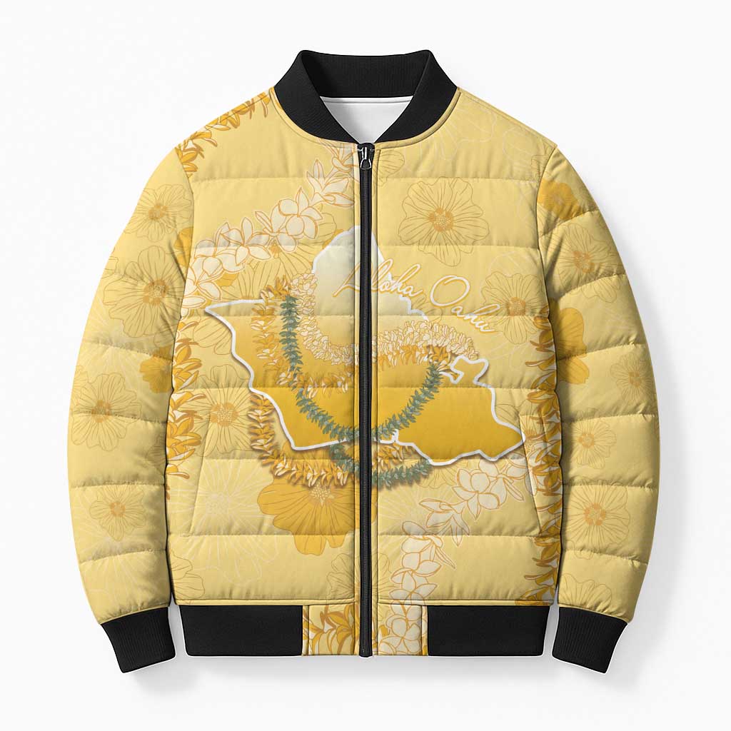 Hawaii Oahu Island Flowers Lei Bomber Puffer Jacket Yellow Ilima Mix Plumeria