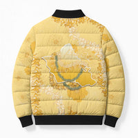 Hawaii Oahu Island Flowers Lei Bomber Puffer Jacket Yellow Ilima Mix Plumeria