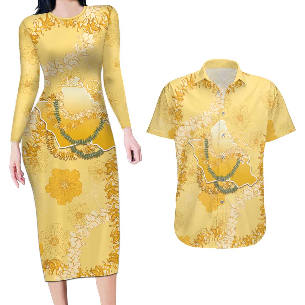 Hawaii Oahu Island Flowers Lei Couples Matching Long Sleeve Bodycon Dress and Hawaiian Shirt Yellow Ilima Mix Plumeria LT7 Yellow - Polynesian Pride