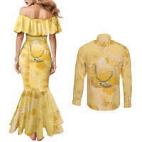 Hawaii Oahu Island Flowers Lei Couples Matching Mermaid Dress and Long Sleeve Button Shirt Yellow Ilima Mix Plumeria