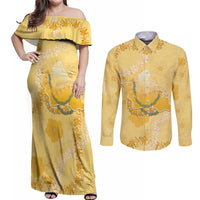 Hawaii Oahu Island Flowers Lei Couples Matching Off Shoulder Maxi Dress and Long Sleeve Button Shirt Yellow Ilima Mix Plumeria