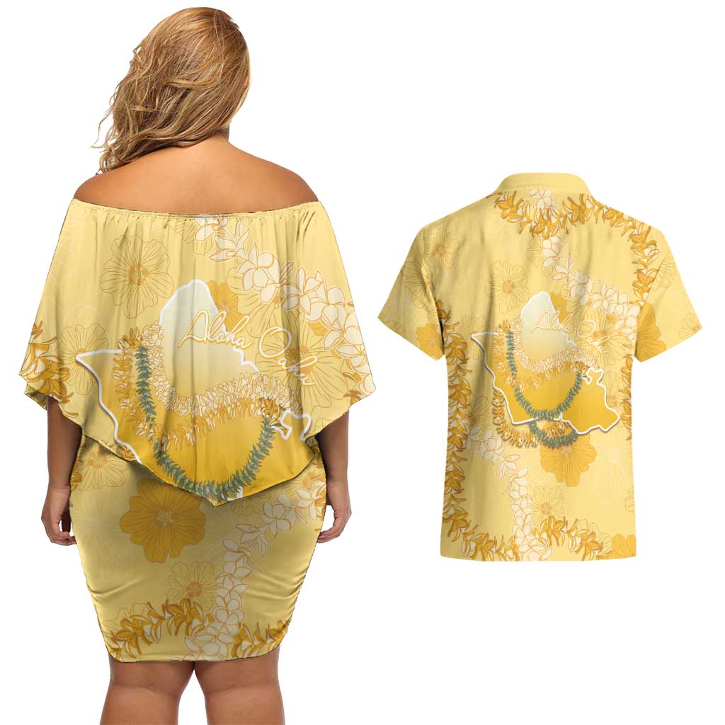 Hawaii Oahu Island Flowers Lei Couples Matching Off Shoulder Short Dress and Hawaiian Shirt Yellow Ilima Mix Plumeria