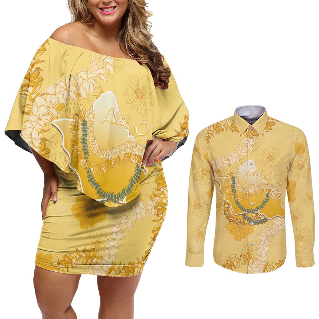 Hawaii Oahu Island Flowers Lei Couples Matching Off Shoulder Short Dress and Long Sleeve Button Shirt Yellow Ilima Mix Plumeria