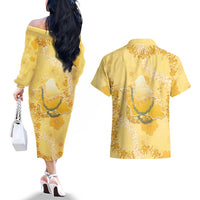 Hawaii Oahu Island Flowers Lei Couples Matching Off The Shoulder Long Sleeve Dress and Hawaiian Shirt Yellow Ilima Mix Plumeria LT7 - Polynesian Pride