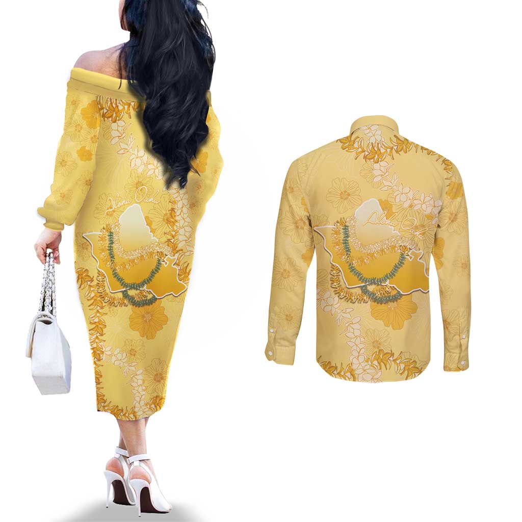 Hawaii Oahu Island Flowers Lei Couples Matching Off The Shoulder Long Sleeve Dress and Long Sleeve Button Shirt Yellow Ilima Mix Plumeria