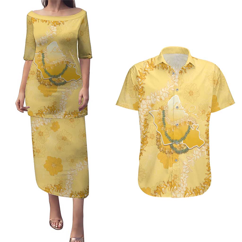 Hawaii Oahu Island Flowers Lei Couples Matching Puletasi and Hawaiian Shirt Yellow Ilima Mix Plumeria LT7 Yellow - Polynesian Pride