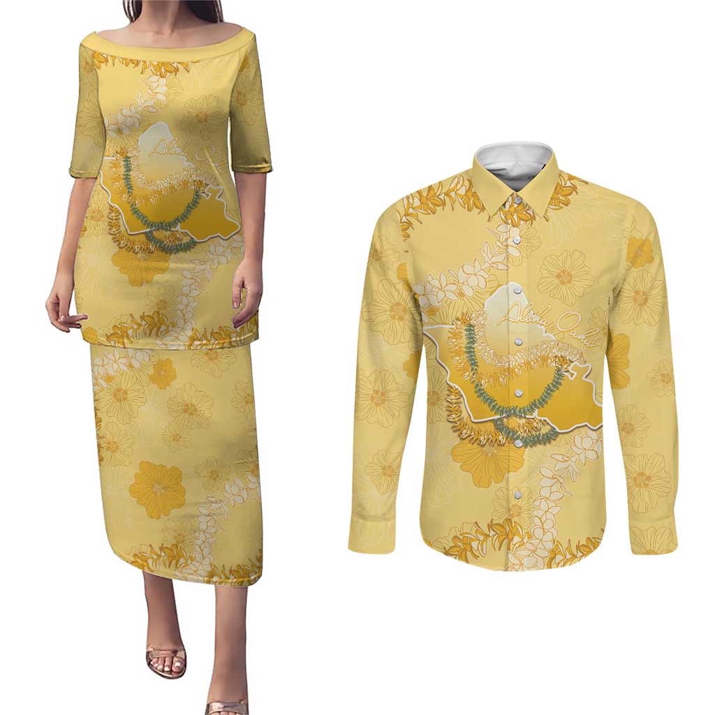 Hawaii Oahu Island Flowers Lei Couples Matching Puletasi and Long Sleeve Button Shirt Yellow Ilima Mix Plumeria LT7 Yellow - Polynesian Pride
