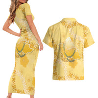 Hawaii Oahu Island Flowers Lei Couples Matching Short Sleeve Bodycon Dress and Hawaiian Shirt Yellow Ilima Mix Plumeria LT7 - Polynesian Pride