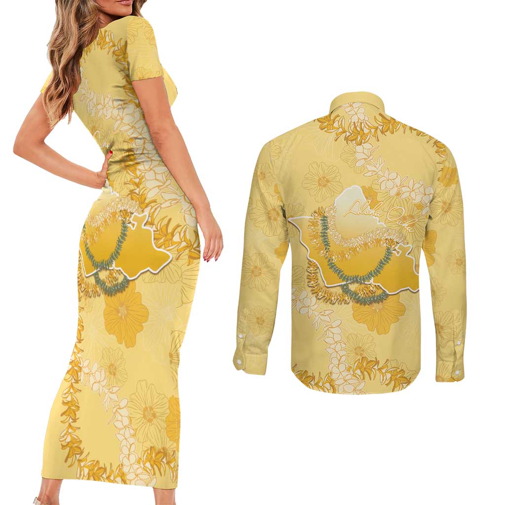 Hawaii Oahu Island Flowers Lei Couples Matching Short Sleeve Bodycon Dress and Long Sleeve Button Shirt Yellow Ilima Mix Plumeria