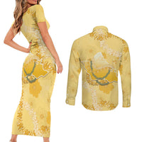 Hawaii Oahu Island Flowers Lei Couples Matching Short Sleeve Bodycon Dress and Long Sleeve Button Shirt Yellow Ilima Mix Plumeria