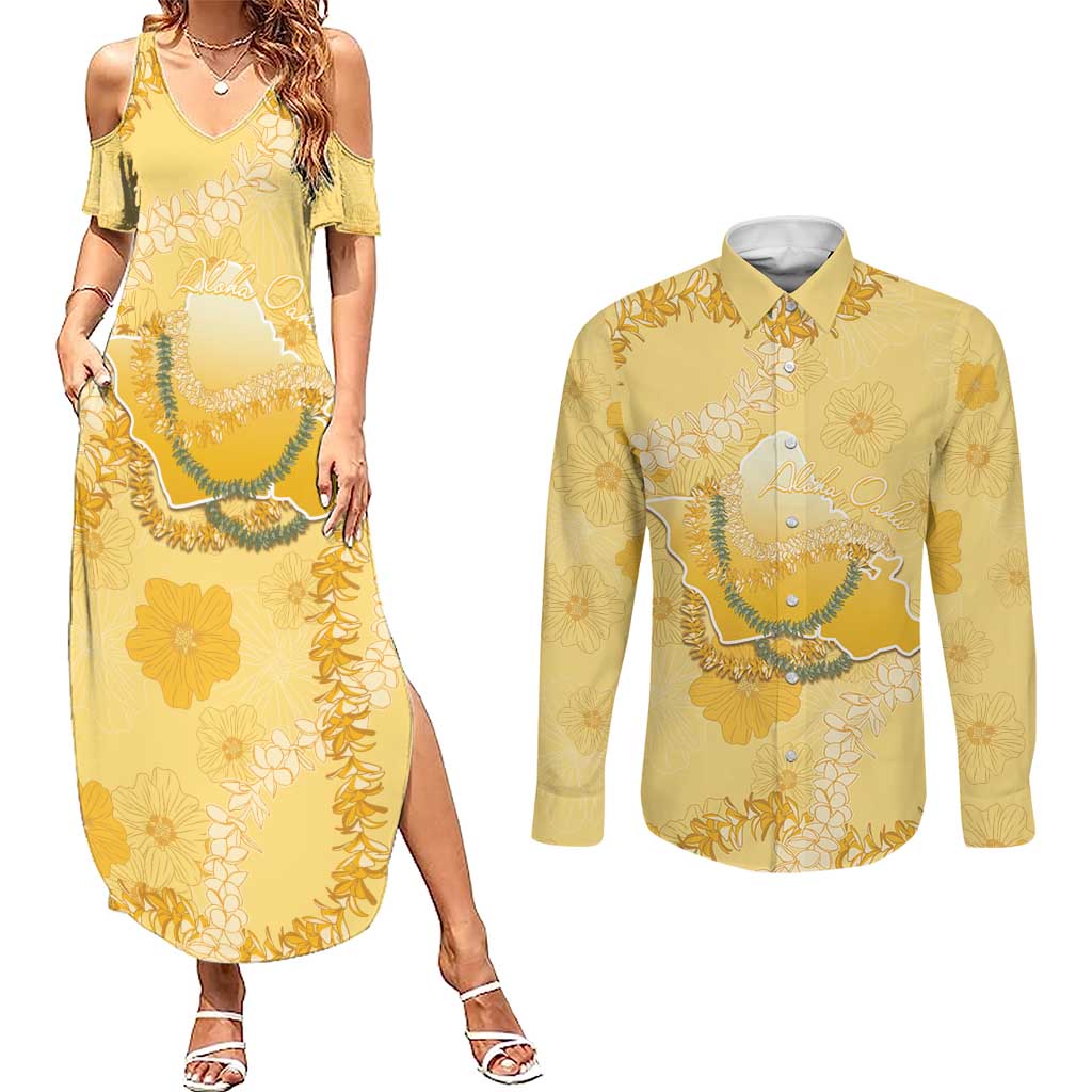 Hawaii Oahu Island Flowers Lei Couples Matching Summer Maxi Dress and Long Sleeve Button Shirt Yellow Ilima Mix Plumeria LT7 Yellow - Polynesian Pride