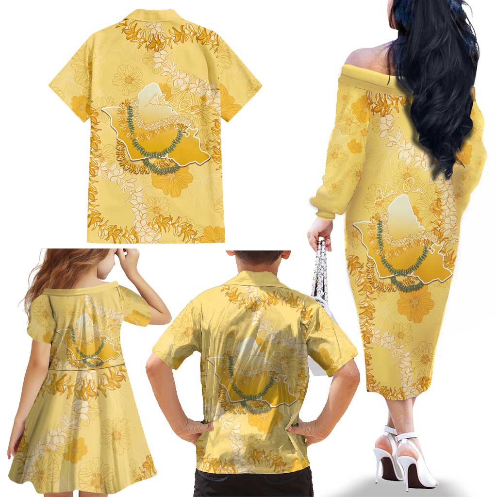 Hawaii Oahu Island Flowers Lei Family Matching Off The Shoulder Long Sleeve Dress and Hawaiian Shirt Yellow Ilima Mix Plumeria LT7 - Polynesian Pride