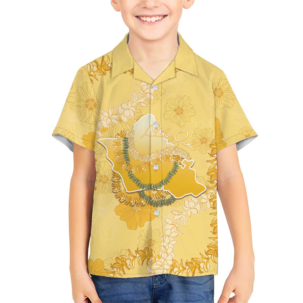 Hawaii Oahu Island Flowers Lei Family Matching Off Shoulder Short Dress and Hawaiian Shirt Yellow Ilima Mix Plumeria LT7 Son's Shirt Yellow - Polynesian Pride