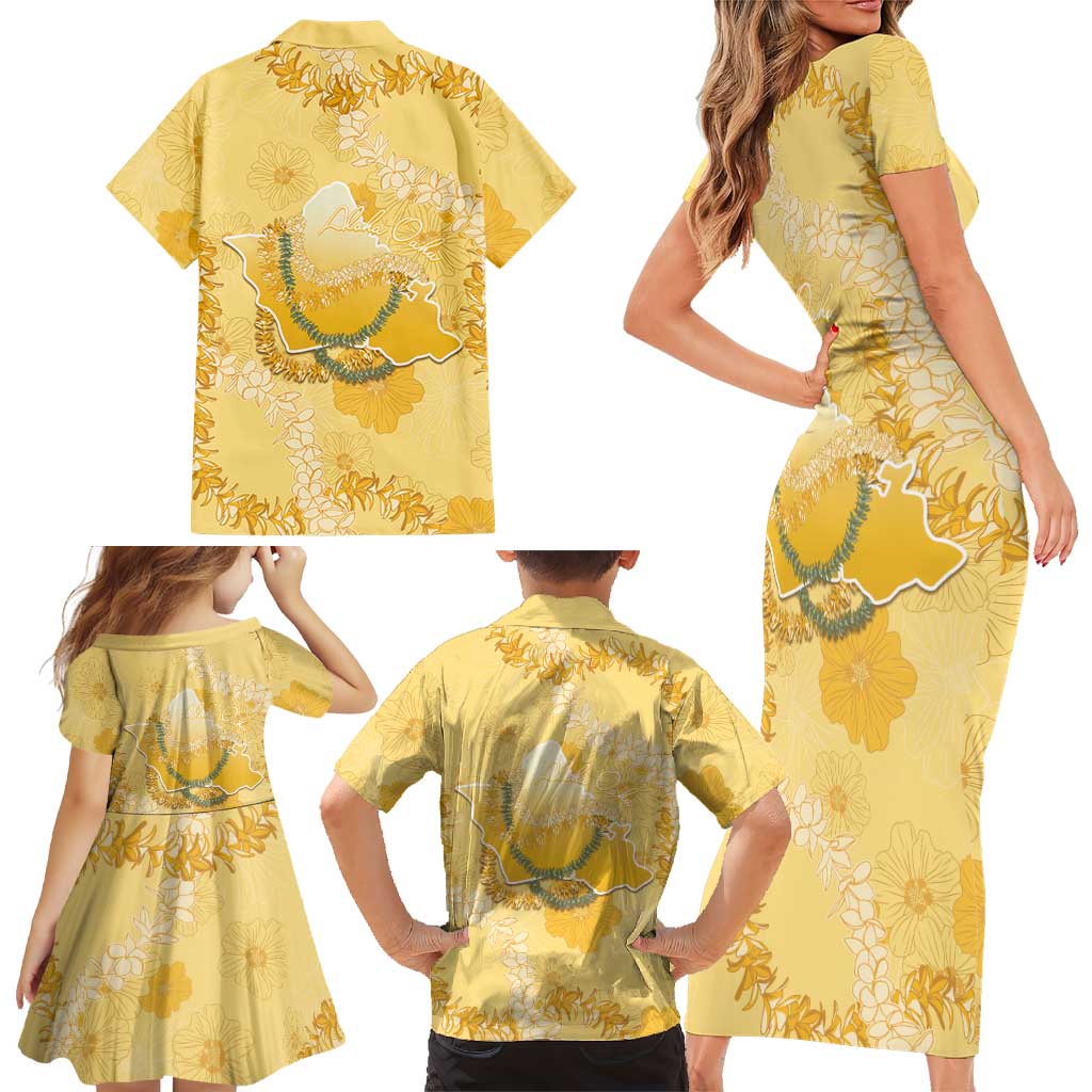 Hawaii Oahu Island Flowers Lei Family Matching Short Sleeve Bodycon Dress and Hawaiian Shirt Yellow Ilima Mix Plumeria LT7 - Polynesian Pride