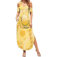 Hawaii Oahu Island Flowers Lei Family Matching Summer Maxi Dress and Hawaiian Shirt Yellow Ilima Mix Plumeria LT7 Mom's Dress Yellow - Polynesian Pride