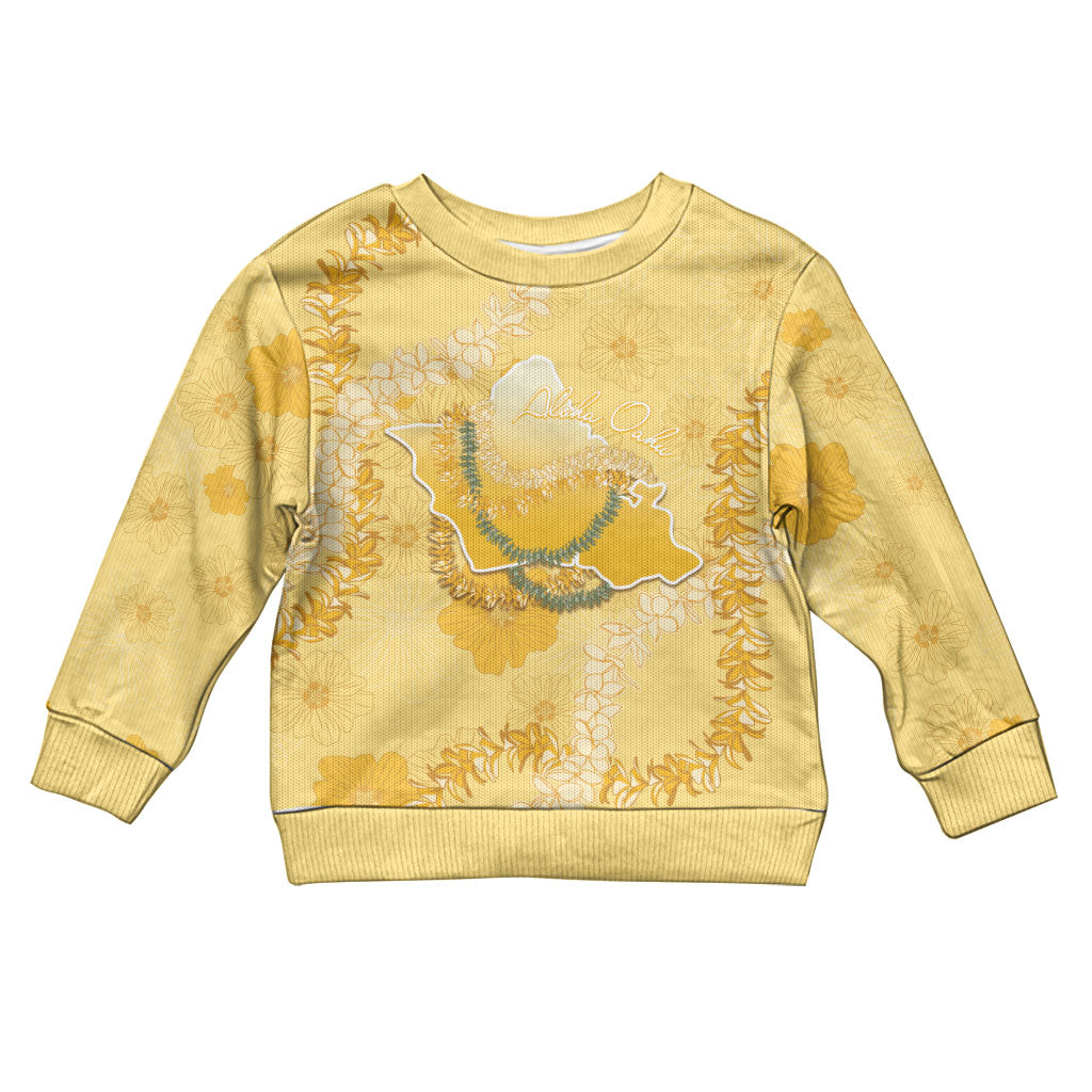 Hawaii Oahu Island Flowers Lei Kid Ugly Christmas Sweater Yellow Ilima Mix Plumeria LT7 Kid Yellow - Polynesian Pride