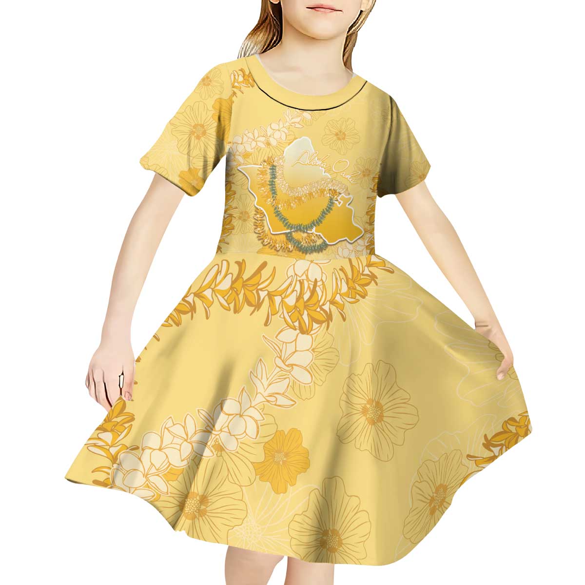 Hawaii Oahu Island Flowers Lei Kid Short Sleeve Dress Yellow Ilima Mix Plumeria LT7 - Polynesian Pride