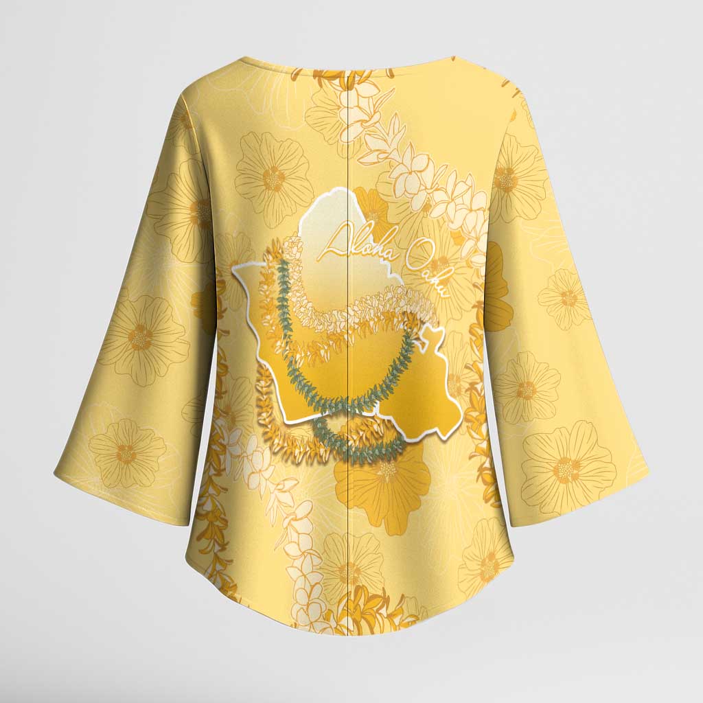 Hawaii Oahu Island Flowers Lei Kimono Sleeve Blouse Yellow Ilima Mix Plumeria LT7 - Polynesian Pride