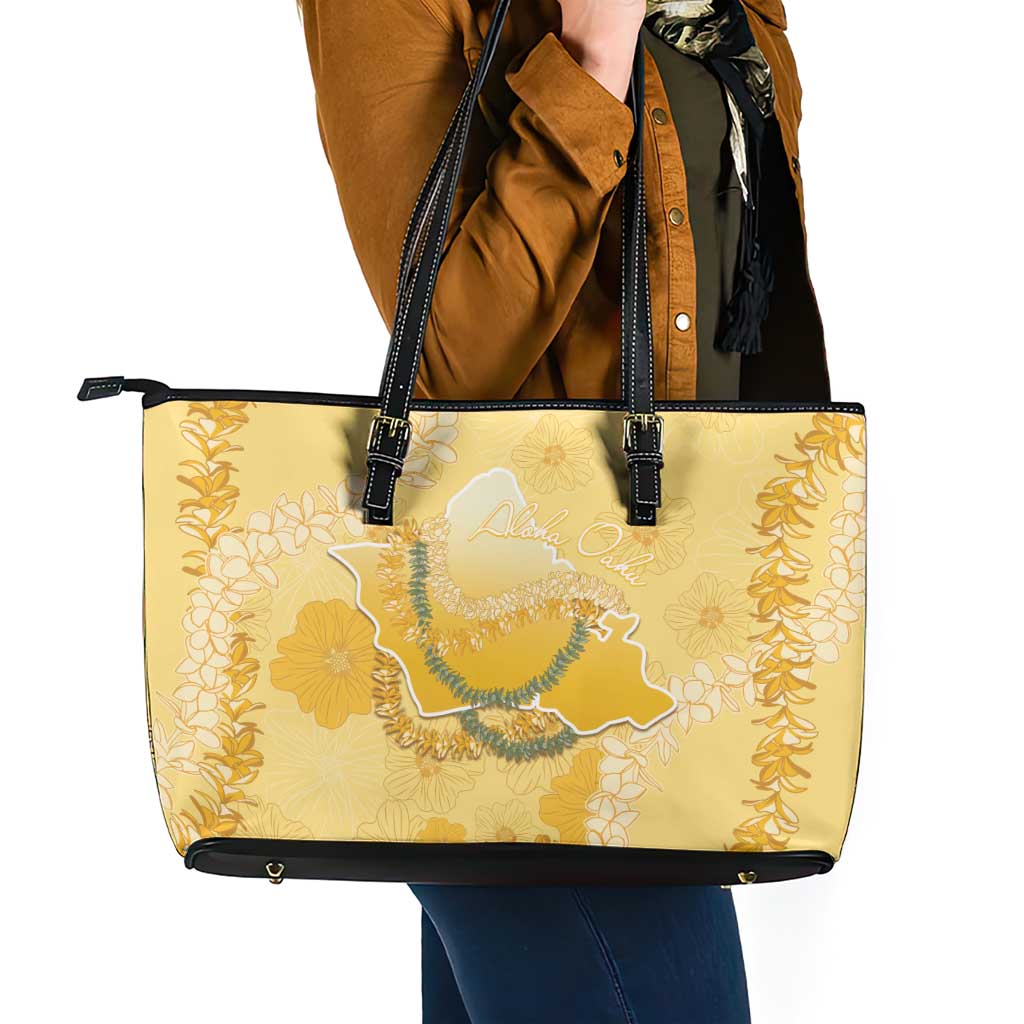 Hawaii Oahu Island Flowers Lei Leather Tote Bag Yellow Ilima Mix Plumeria LT7 - Polynesian Pride