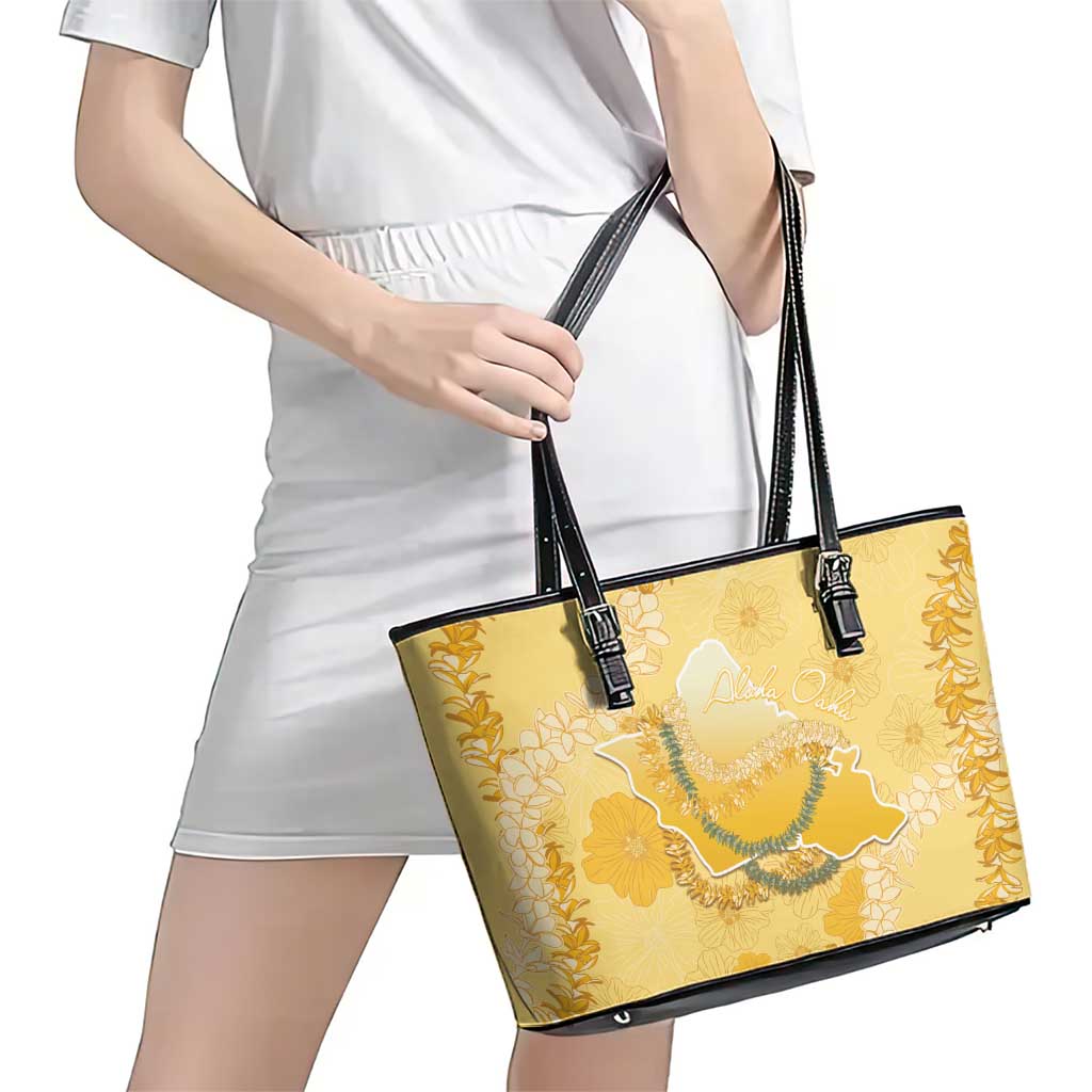 Hawaii Oahu Island Flowers Lei Leather Tote Bag Yellow Ilima Mix Plumeria LT7 - Polynesian Pride