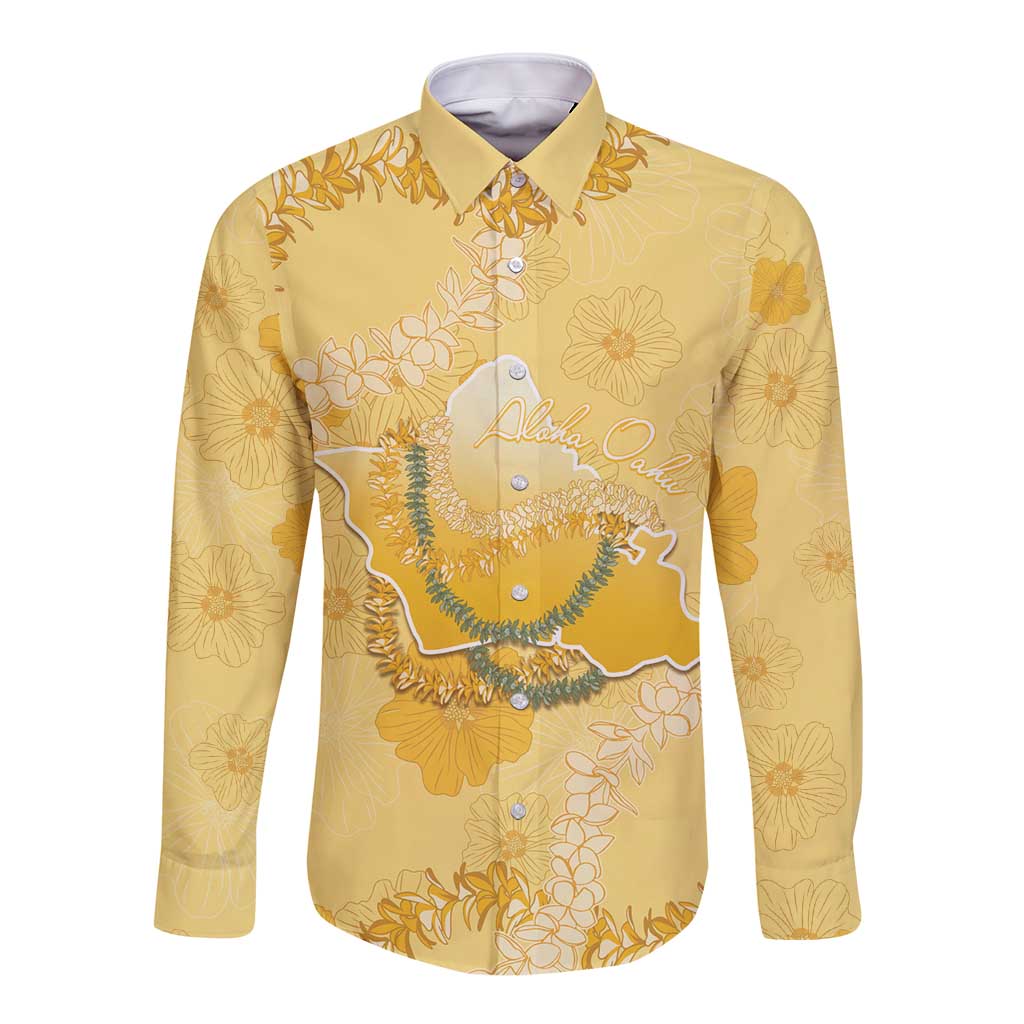 Hawaii Oahu Island Flowers Lei Long Sleeve Button Shirt Yellow Ilima Mix Plumeria LT7 Unisex Yellow - Polynesian Pride