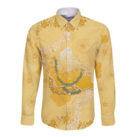 Hawaii Oahu Island Flowers Lei Long Sleeve Button Shirt Yellow Ilima Mix Plumeria