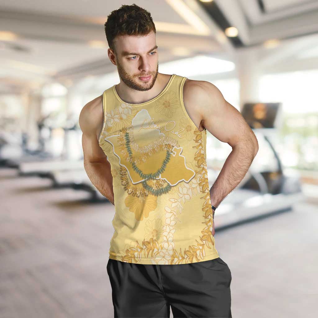 Hawaii Oahu Island Flowers Lei Men Tank Top Yellow Ilima Mix Plumeria LT7 Yellow - Polynesian Pride