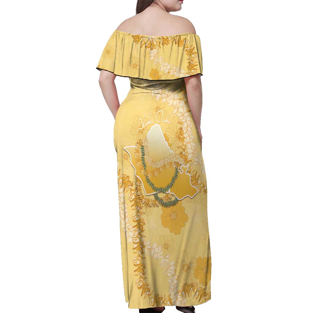 Hawaii Oahu Island Flowers Lei Off Shoulder Maxi Dress Yellow Ilima Mix Plumeria LT7 - Polynesian Pride