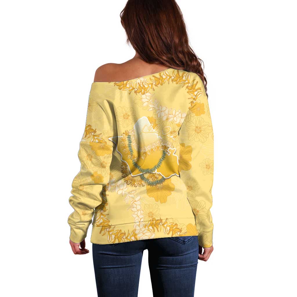 Hawaii Oahu Island Flowers Lei Off Shoulder Sweater Yellow Ilima Mix Plumeria