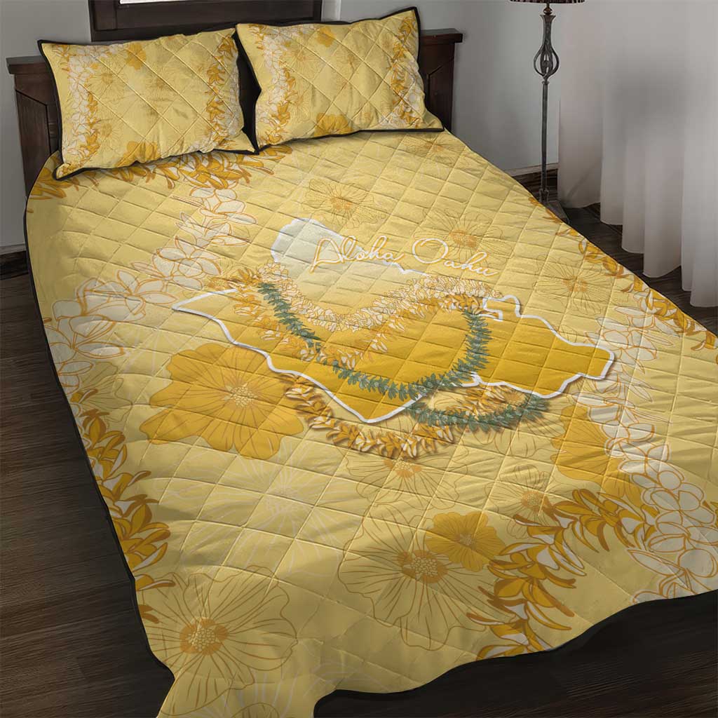 Hawaii Oahu Island Flowers Lei Quilt Bed Set Yellow Ilima Mix Plumeria