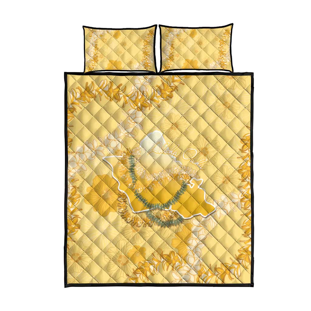 Hawaii Oahu Island Flowers Lei Quilt Bed Set Yellow Ilima Mix Plumeria