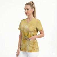Hawaii Oahu Island Flowers Lei Scrub Top Yellow Ilima Mix Plumeria