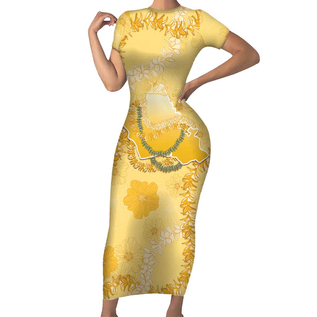 Hawaii Oahu Island Flowers Lei Short Sleeve Bodycon Dress Yellow Ilima Mix Plumeria LT7 Long Dress Yellow - Polynesian Pride