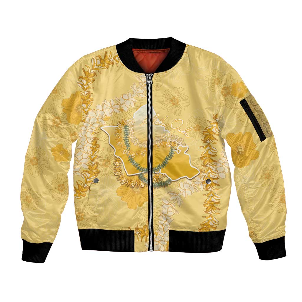 Hawaii Oahu Island Flowers Lei Sleeve Zip Bomber Jacket Yellow Ilima Mix Plumeria LT7 Unisex Yellow - Polynesian Pride