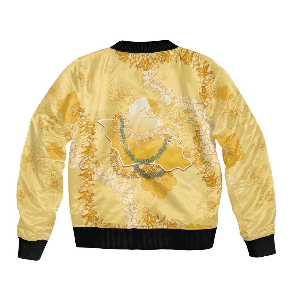 Hawaii Oahu Island Flowers Lei Sleeve Zip Bomber Jacket Yellow Ilima Mix Plumeria