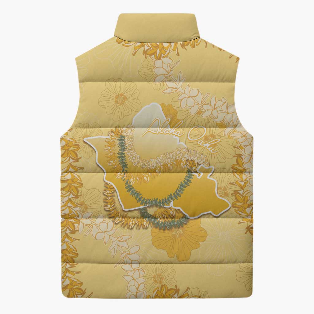 Hawaii Oahu Island Flowers Lei Sleeveless Puffer Jacket Yellow Ilima Mix Plumeria