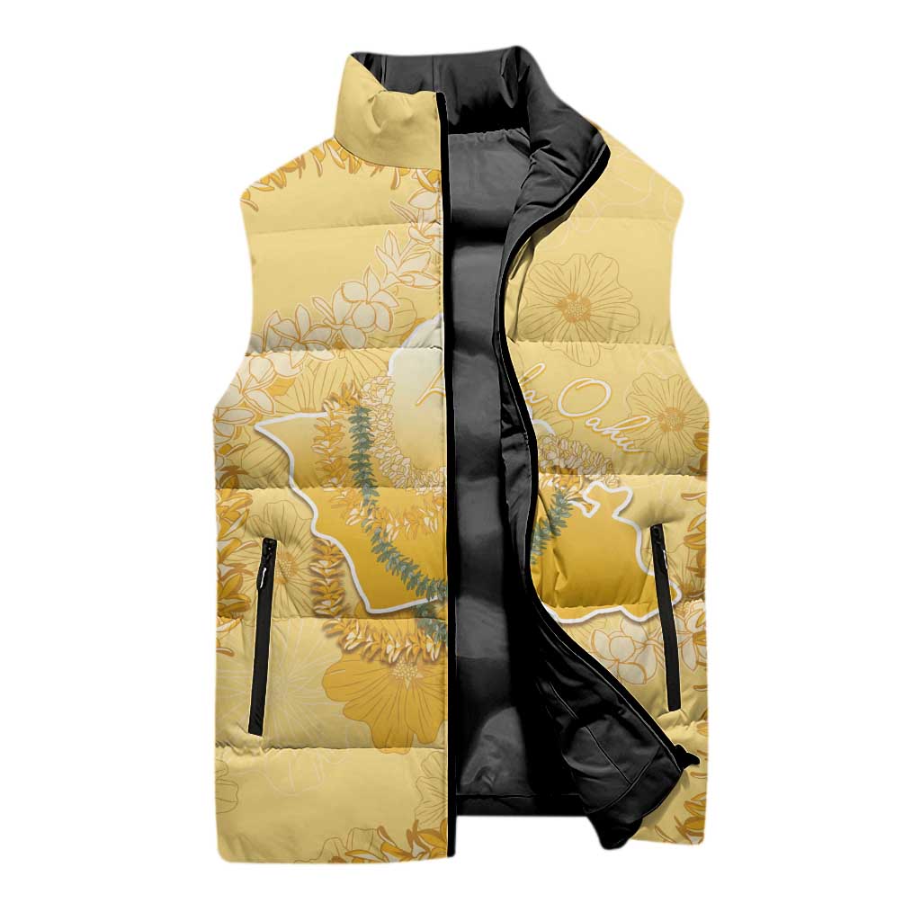 Hawaii Oahu Island Flowers Lei Sleeveless Puffer Jacket Yellow Ilima Mix Plumeria