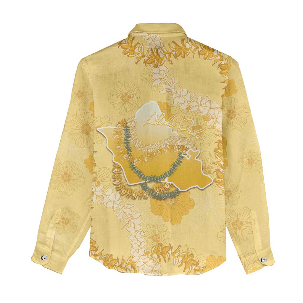 Hawaii Oahu Island Flowers Lei Women Casual Shirt Yellow Ilima Mix Plumeria