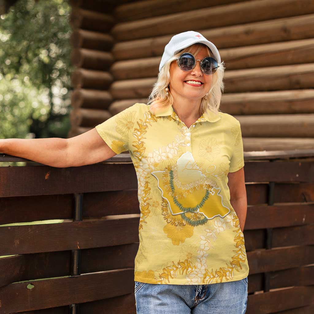 Hawaii Oahu Island Flowers Lei Women Polo Shirt Yellow Ilima Mix Plumeria