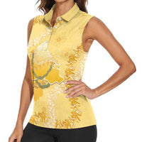 Hawaii Oahu Island Flowers Lei Women Sleeveless Polo Shirt Yellow Ilima Mix Plumeria