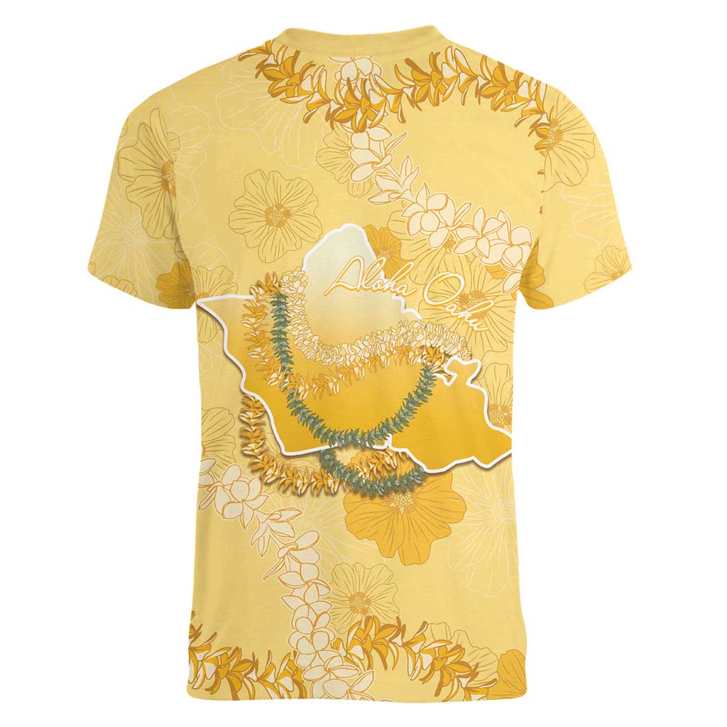 Hawaii Oahu Island Flowers Lei Women V-Neck T-Shirt Yellow Ilima Mix Plumeria
