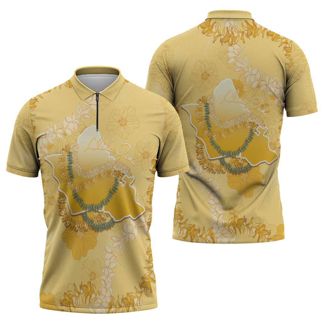 Hawaii Oahu Island Flowers Lei Zipper Polo Shirt Yellow Ilima Mix Plumeria LT7 - Polynesian Pride