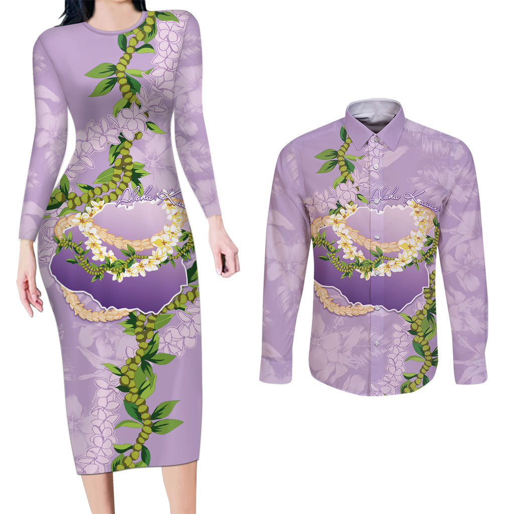 Hawaii Kauai Island Flowers Lei Couples Matching Long Sleeve Bodycon Dress and Long Sleeve Button Shirt Mokihana Lei