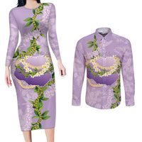 Hawaii Kauai Island Flowers Lei Couples Matching Long Sleeve Bodycon Dress and Long Sleeve Button Shirt Mokihana Lei
