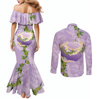 Hawaii Kauai Island Flowers Lei Couples Matching Mermaid Dress and Long Sleeve Button Shirt Mokihana Lei