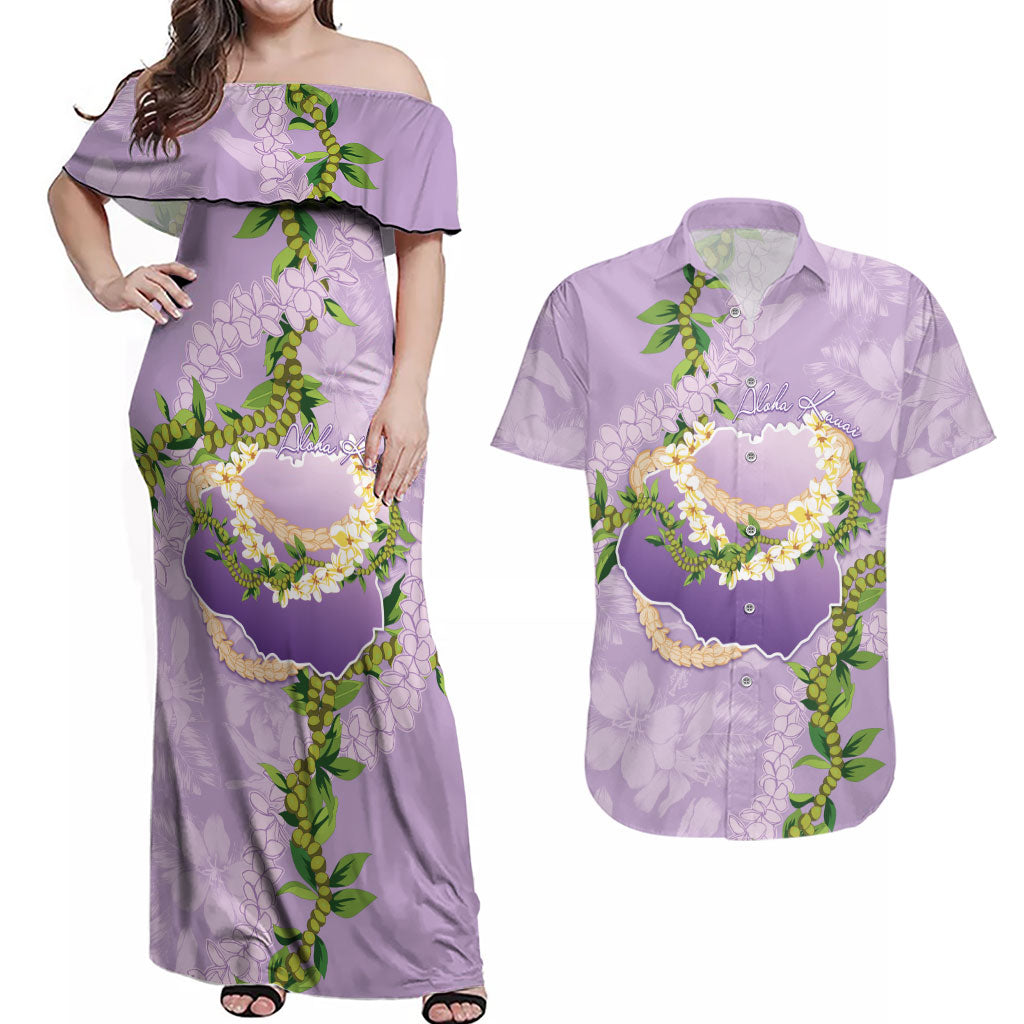 Hawaii Kauai Island Flowers Lei Couples Matching Off Shoulder Maxi Dress and Hawaiian Shirt Mokihana Lei