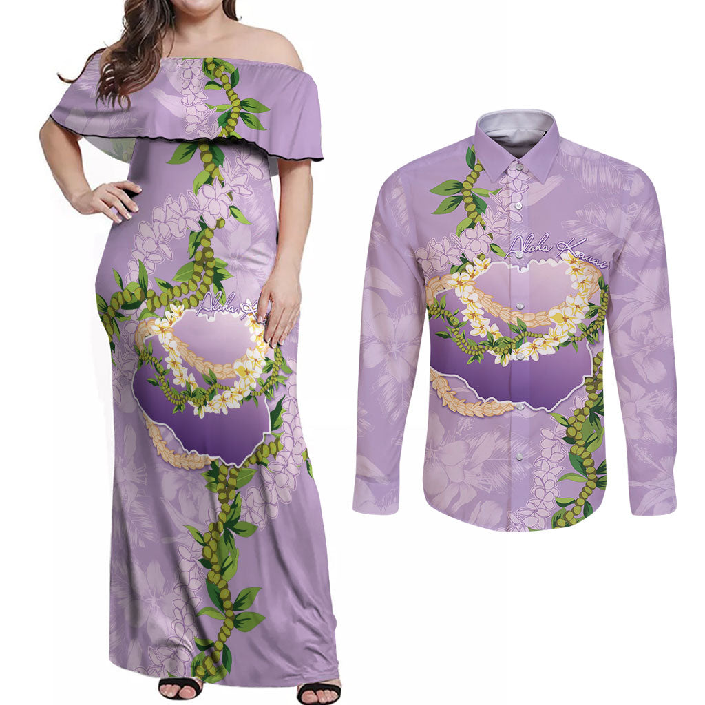 Hawaii Kauai Island Flowers Lei Couples Matching Off Shoulder Maxi Dress and Long Sleeve Button Shirt Mokihana Lei LT7 Lavender - Polynesian Pride
