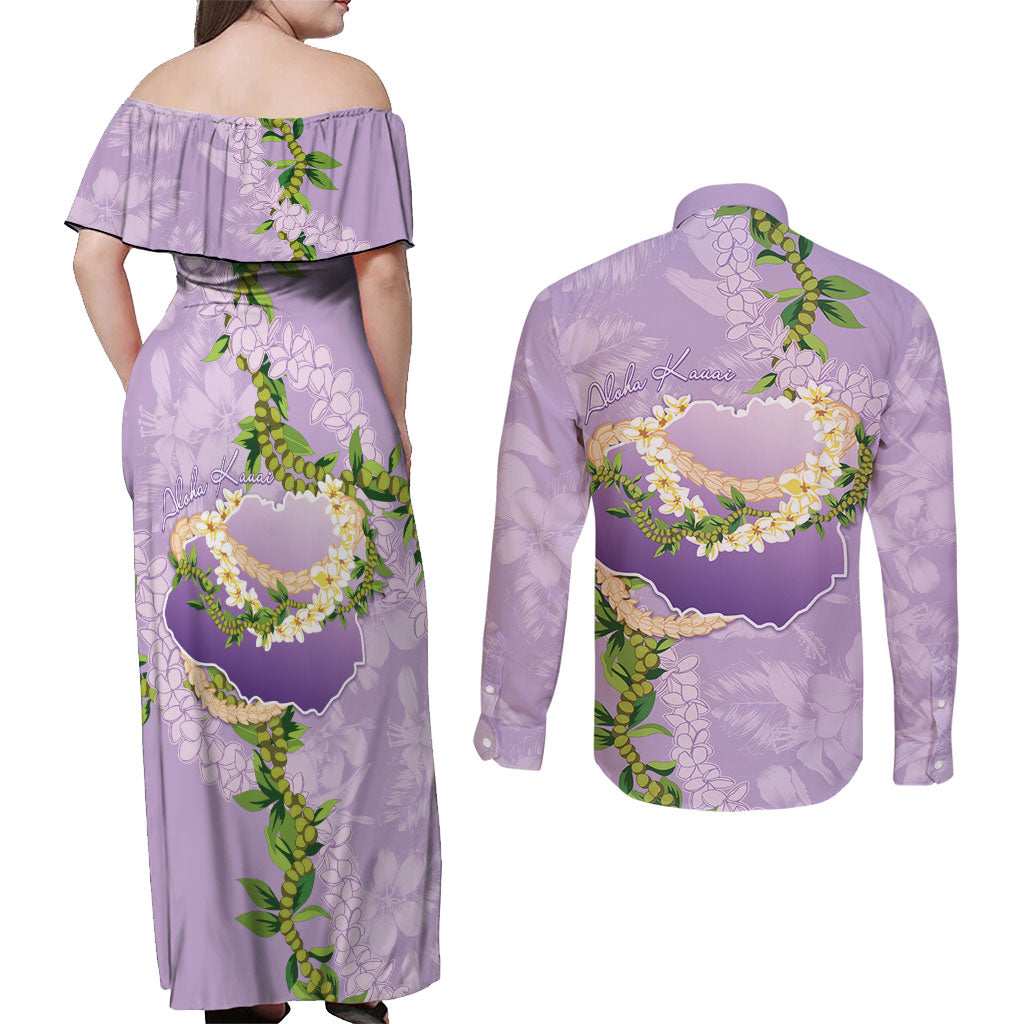 Hawaii Kauai Island Flowers Lei Couples Matching Off Shoulder Maxi Dress and Long Sleeve Button Shirt Mokihana Lei LT7 - Polynesian Pride