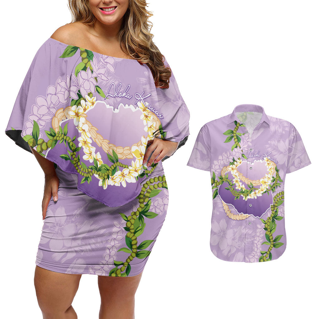Hawaii Kauai Island Flowers Lei Couples Matching Off Shoulder Short Dress and Hawaiian Shirt Mokihana Lei