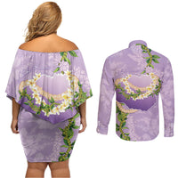 Hawaii Kauai Island Flowers Lei Couples Matching Off Shoulder Short Dress and Long Sleeve Button Shirt Mokihana Lei LT7 - Polynesian Pride